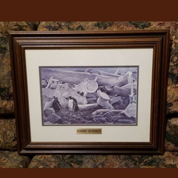 Vintage, Robert Bateman framed wildlife print, "Gentoo Penguins and Whale Bones" - Picture 1 of 5